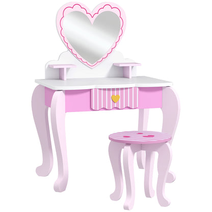 AIYAPLAY pink children's vanity set with heart-shaped mirror, shelves, drawer and matching stool