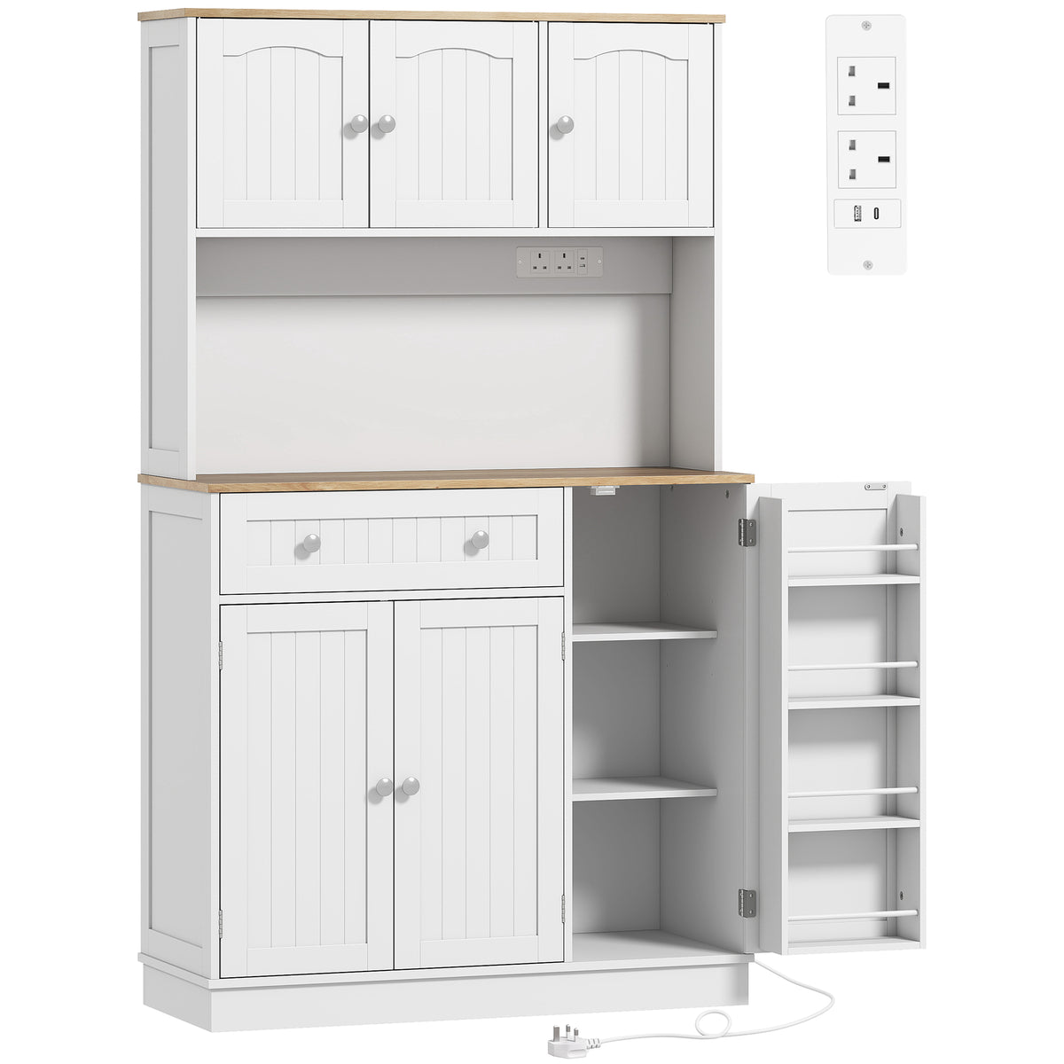 Photo of HOMCOM 173 cm Tall Kitchen Cupboard with Charging Station, Pantry Storage Cabinet with Adjustable Shelves and 4 Door Racks in Racks colour on a white background