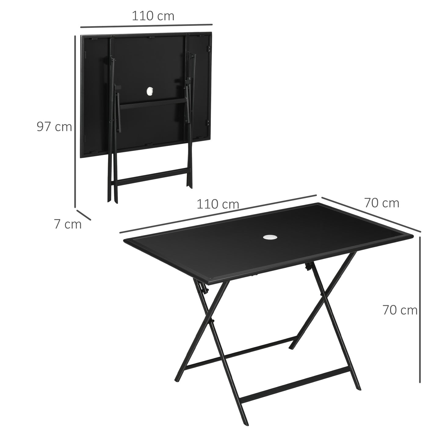 Outsunny Folding Outdoor Dining Table for 6, Rectangle Garden Table Tempered Glass Top with Parasol Hole for Patio, Balcony, Terrace, 110 x 70 x 70 cm, Black