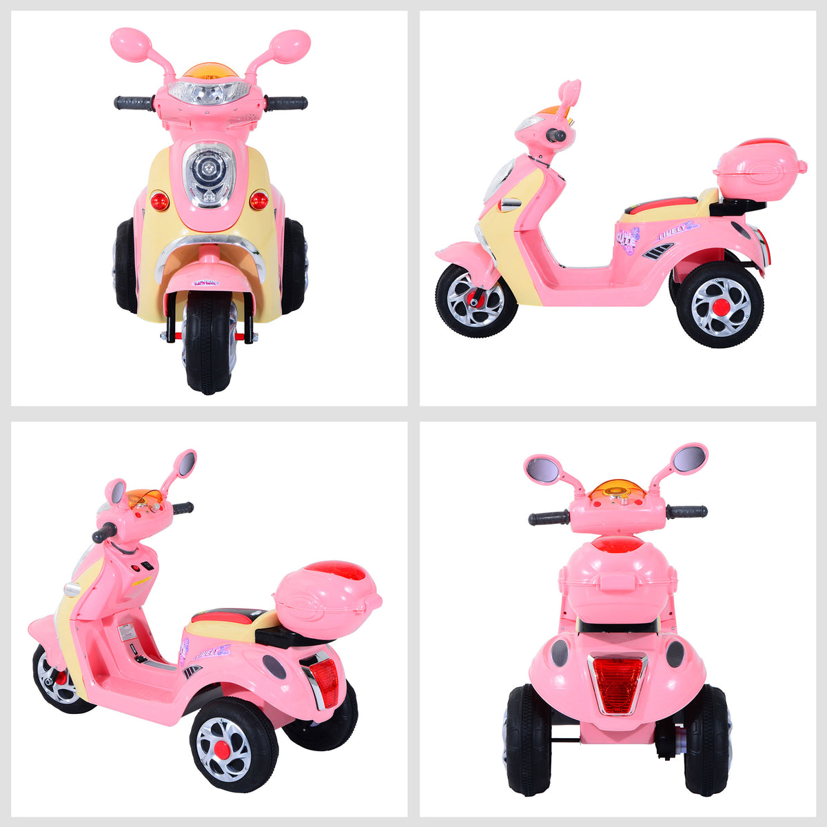 Pink children's electric ride-on scooter shown from front, side and rear angles