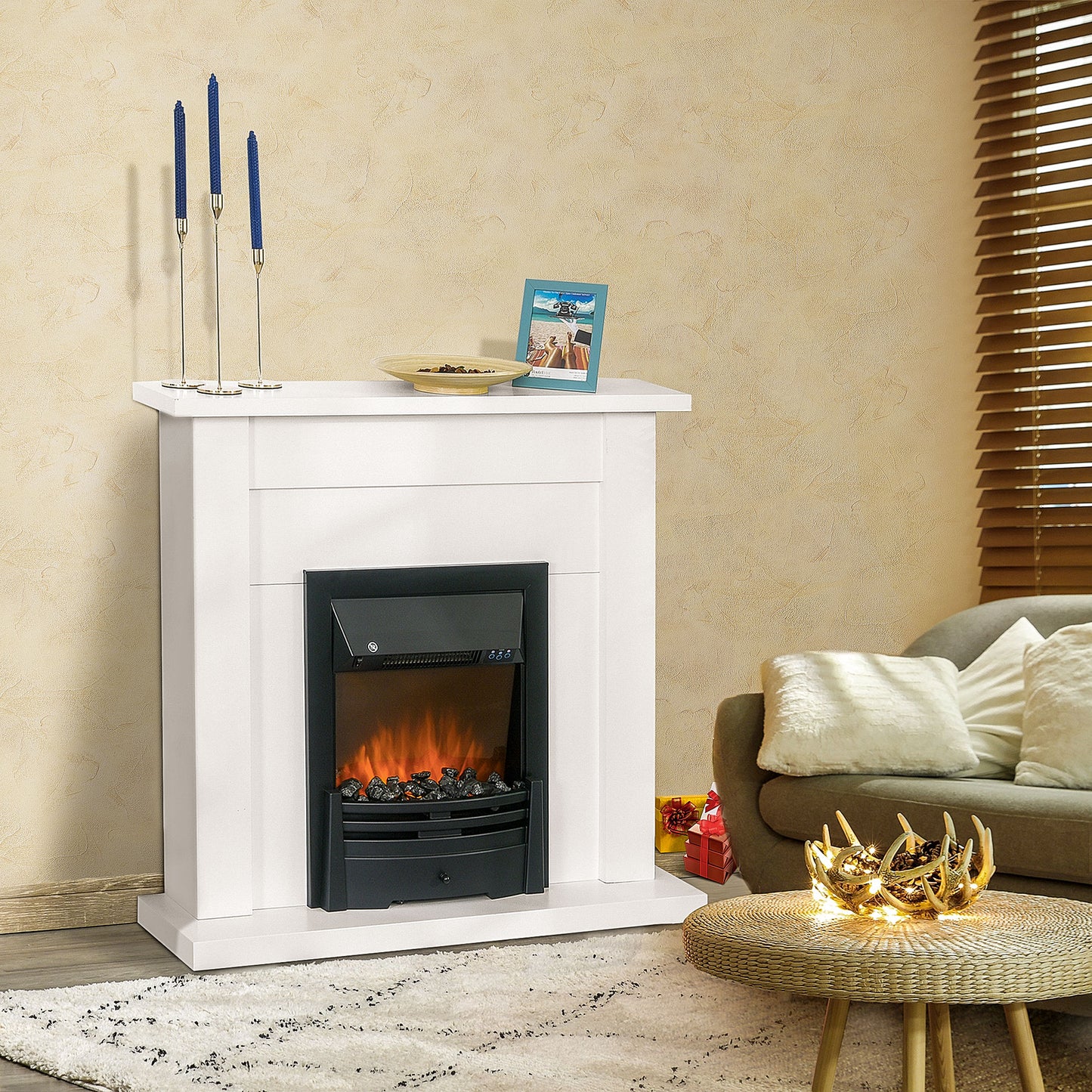 HOMCOM 40" Electric Firplace Suites & Mantelpiece w/LED Flames Remote Marble Stone Modern Curved Surround Intelligent Safe Tempered Glass Adjustable Thermal 1000W/2000W