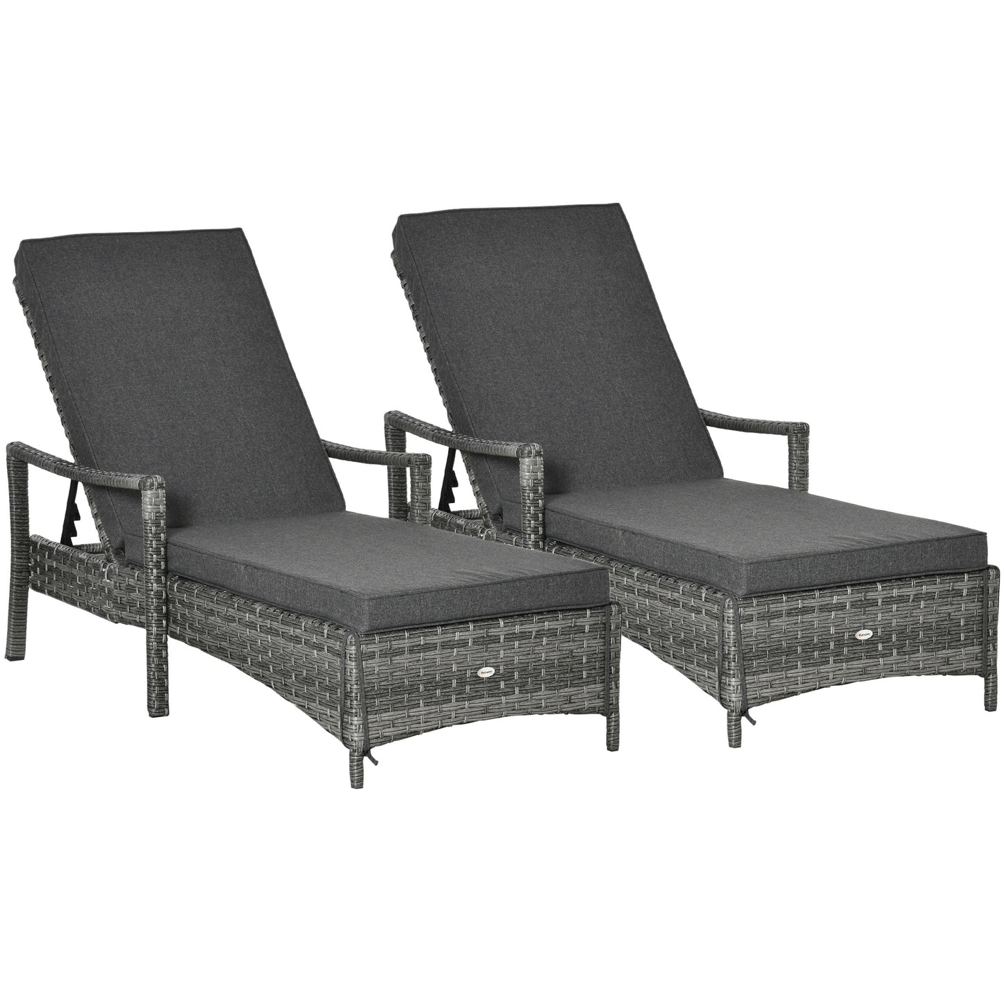 Photo of Outsunny PE Rattan Sun Loungers set of 2 with Cushion, Outdoor 2 Pieces Garden Sunbed Furniture with 4-Level Recliner Backrest, and Armrest, Grey in Grey colour on a white background