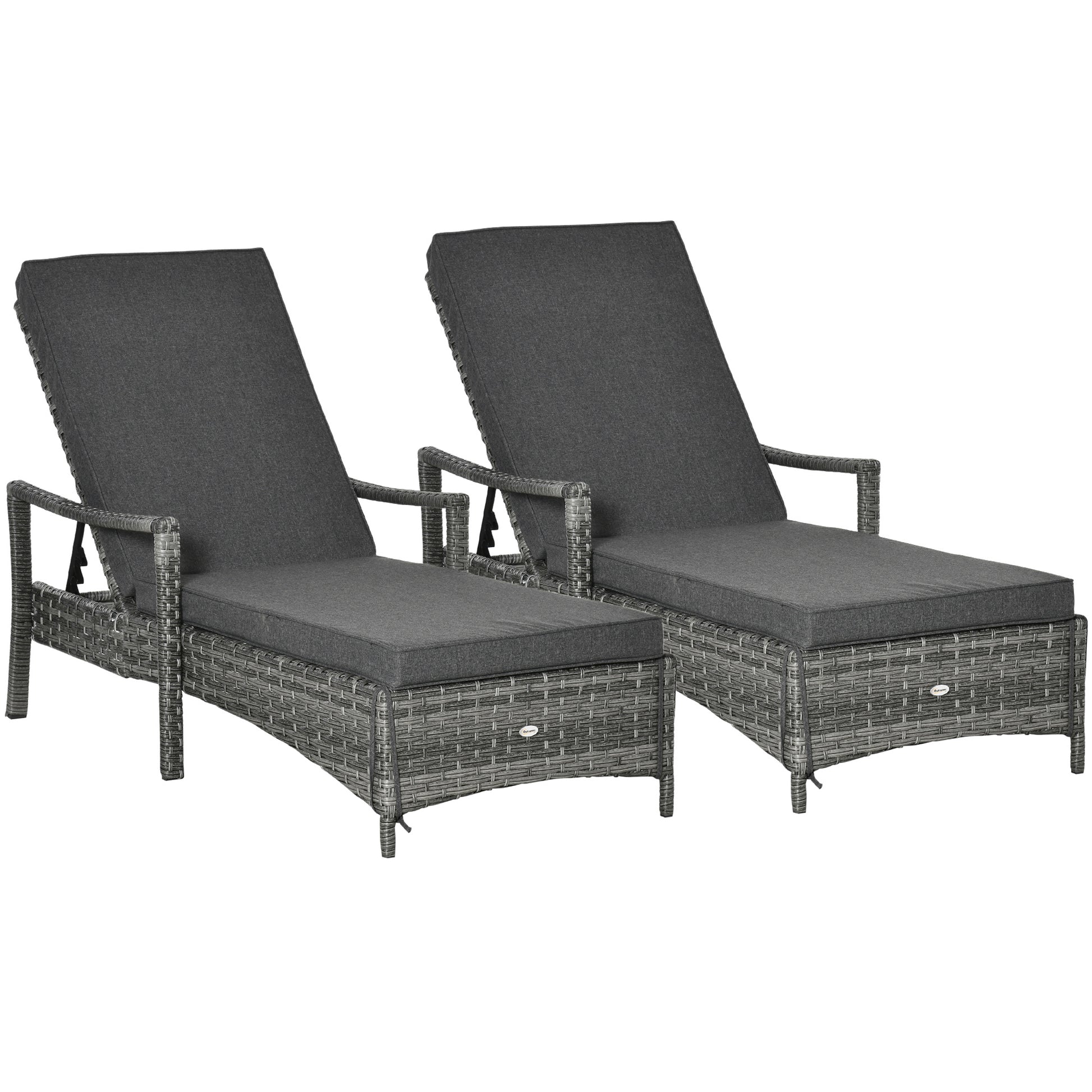 Photo of Outsunny PE Rattan Sun Loungers set of 2 with Cushion, Outdoor 2 Pieces Garden Sunbed Furniture with 4-Level Recliner Backrest, and Armrest, Grey in Grey colour on a white background