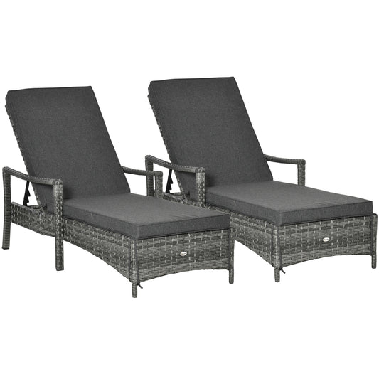 Photo of Outsunny PE Rattan Sun Loungers set of 2 with Cushion, Outdoor 2 Pieces Garden Sunbed Furniture with 4-Level Recliner Backrest, and Armrest, Grey in Grey colour on a white background