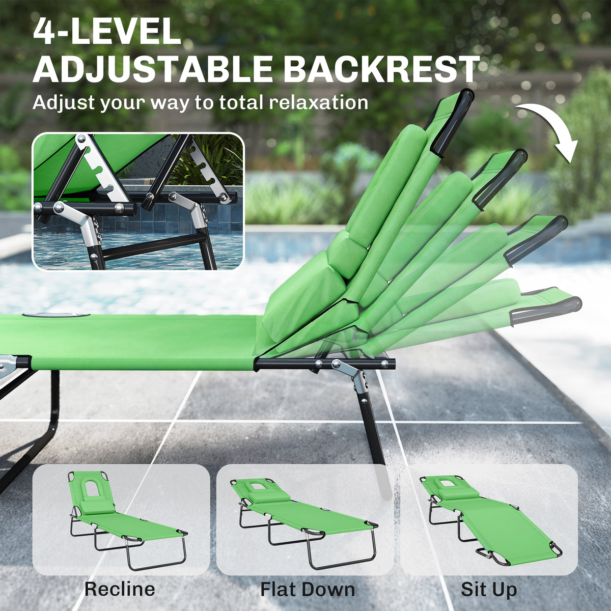 Green sun lounger with four backrest positions, from upright to flat.