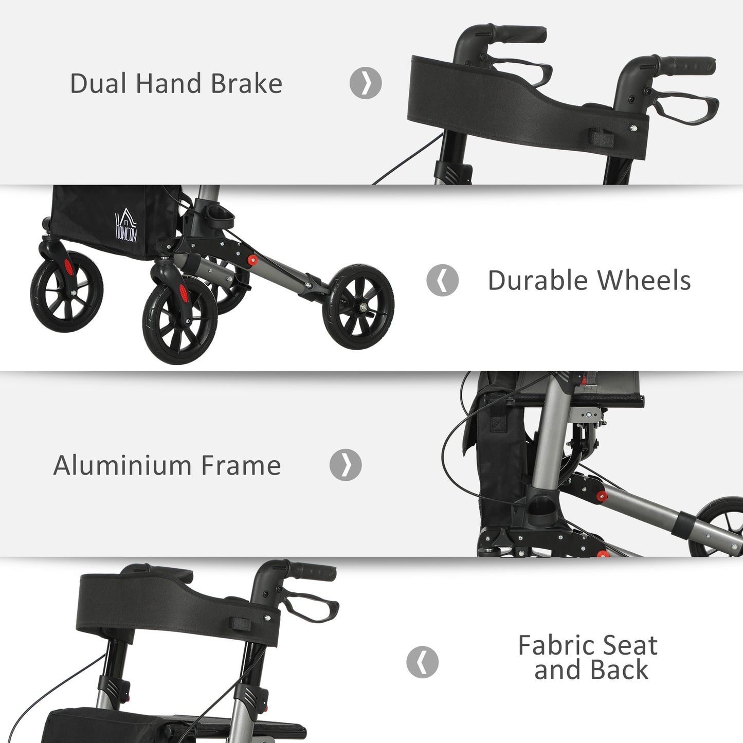 HOMCOM Rollator Walker with Seat, Compact Quick Folding Mobility Walker with 8" Wheels, Carry Bag, Adjustable Height, Cane Holder and Lightweight Aluminium Frame for Seniors and Disabled, Silver