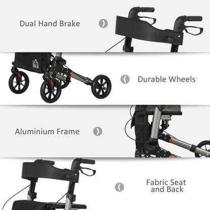 HOMCOM rollator walker details: hand brakes, durable wheels, aluminum frame and fabric seat