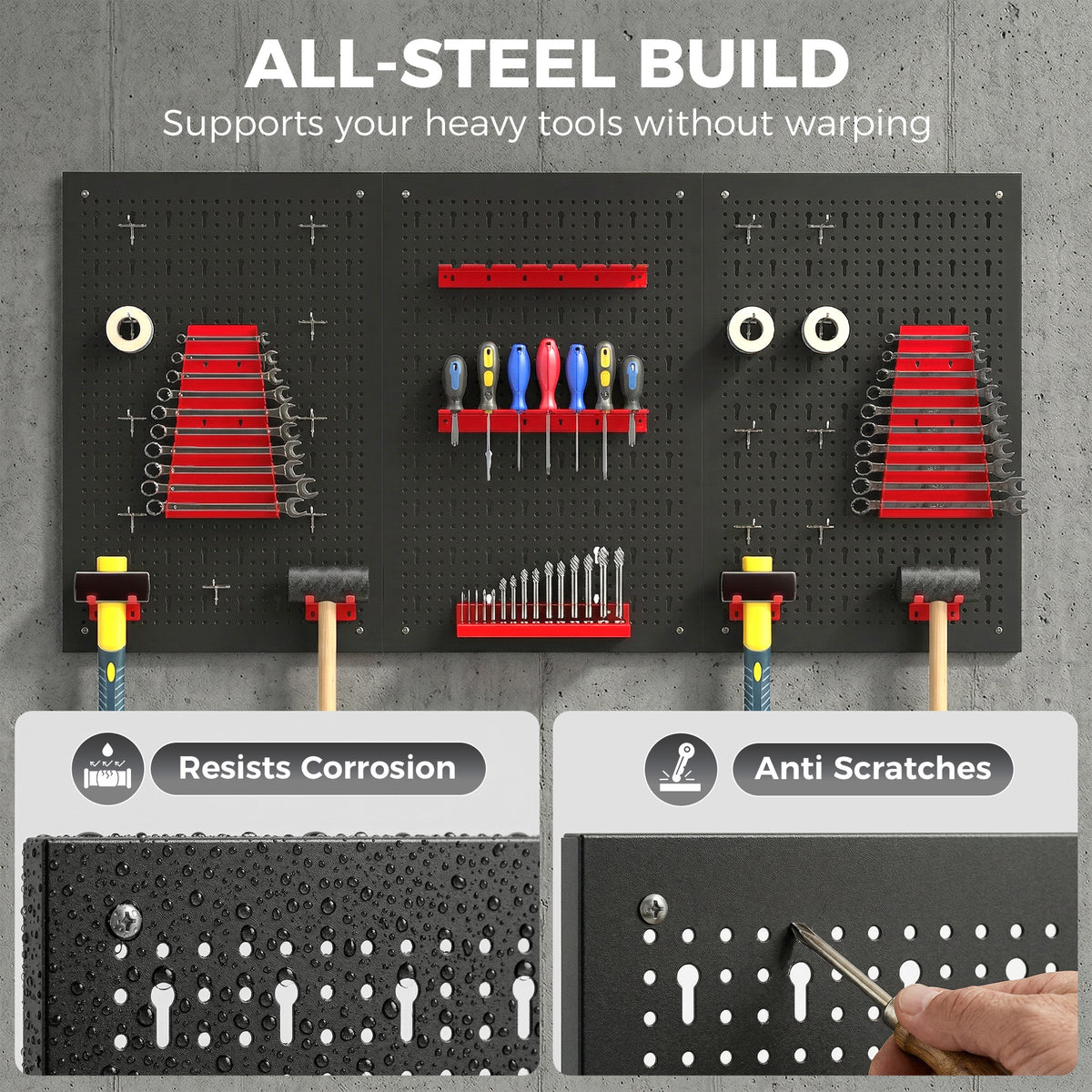 HOMCOM 28 Pcs Wall-Mounted Pegboard with 3 Boards, Garage Tool Storage Unit Black and Red