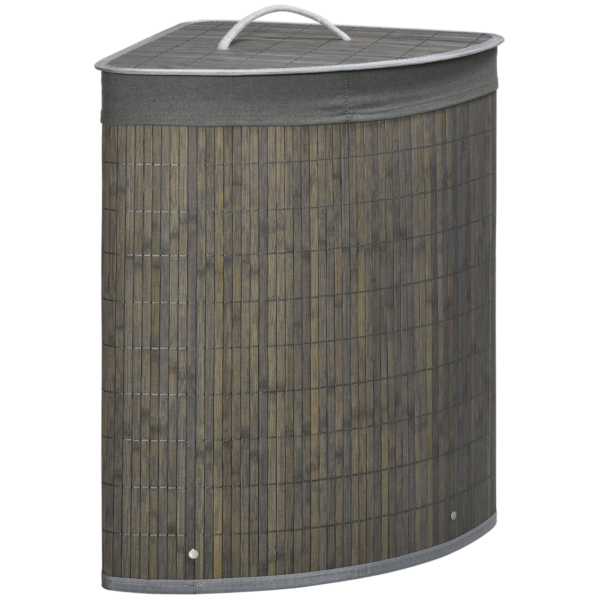 Photo of HOMCOM Bamboo Laundry Basket with Lid, 55 Litres Laundry Hamper with Removable Washable Lining,  Corner Washing Baskets, 38 x 38 x 57cm, Grey in Grey colour on a white background