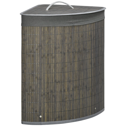 Photo of HOMCOM Bamboo Laundry Basket with Lid, 55 Litres Laundry Hamper with Removable Washable Lining,  Corner Washing Baskets, 38 x 38 x 57cm, Grey in Grey colour on a white background