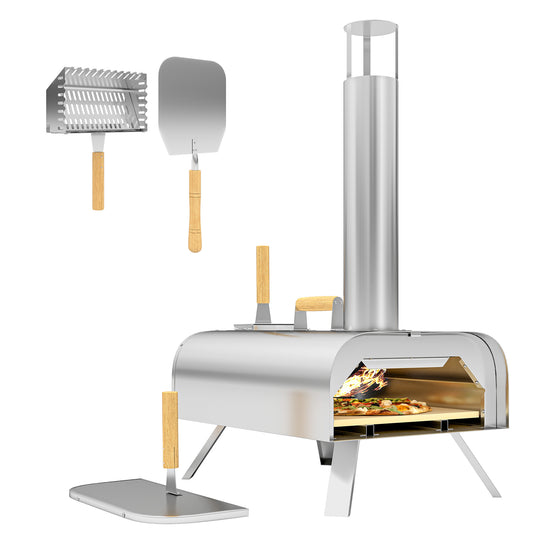 Photo of Outsunny Outdoor Pizza Oven, Portable Wood Pellet Pizza Oven with Pizza Stone and Peel, Foldable Legs, Chimney, 12 Inch Wood Fired Pizza Maker for Outdoor Cooking, Stainless Steel in Steel colour on a white background