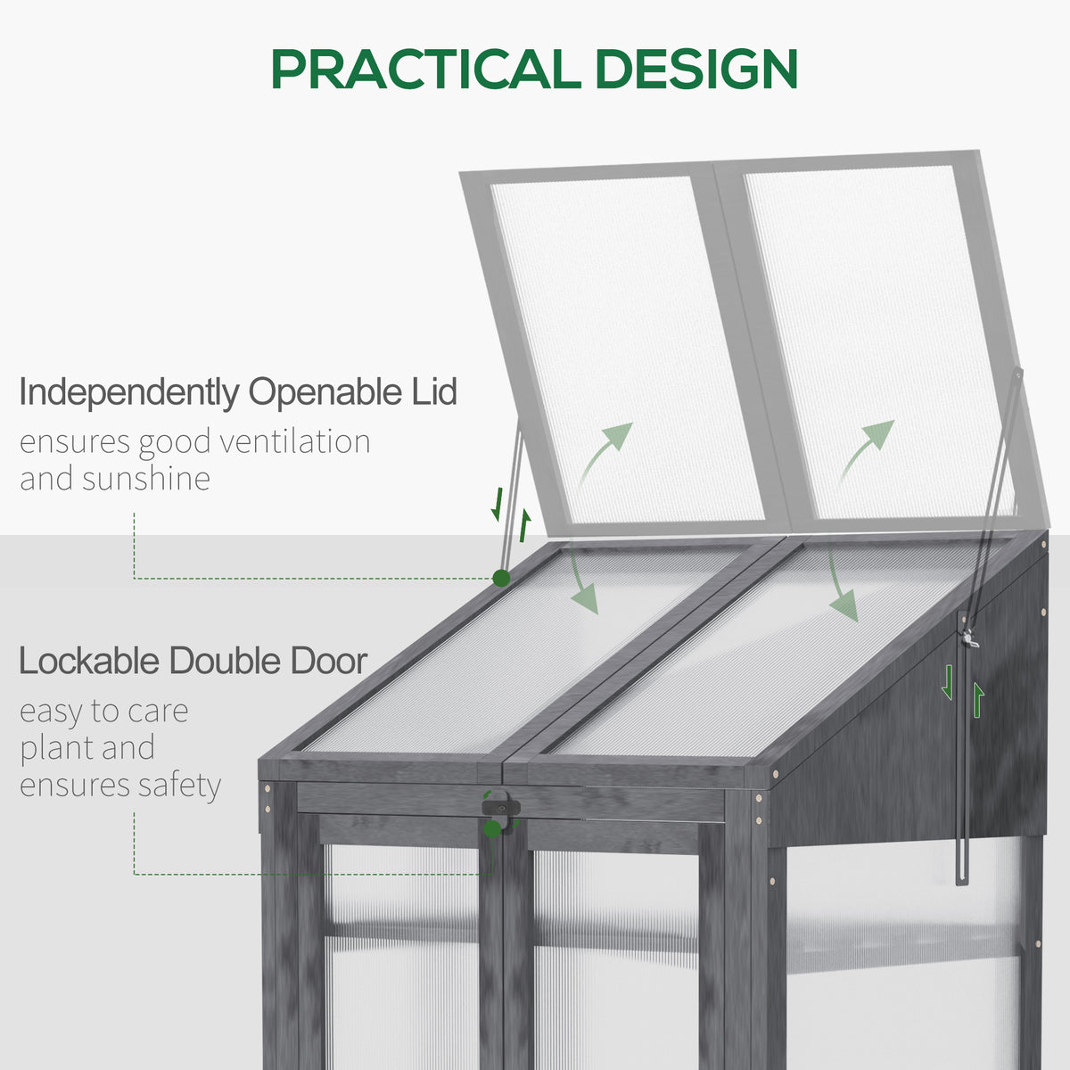 Grey wooden cold frame greenhouse with raised twin-panel lid and double doors