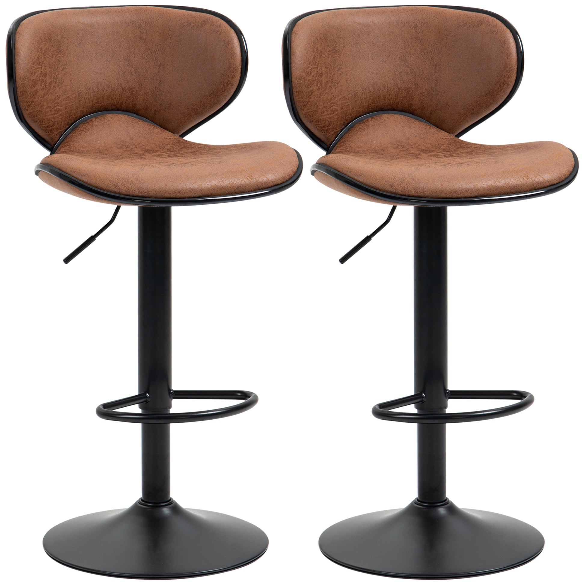Photo of HOMCOM Bar Stool Set of 2 Microfiber Cloth Adjustable Height Armless Chairs with Swivel Seat, Brown in Brown colour on a white background