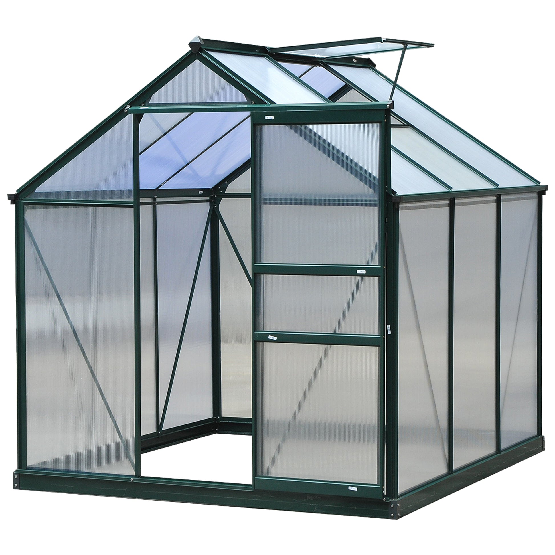 Photo of Outsunny 6 x 6ft Polycarbonate Greenhouse, Large Walk-In Green House with Slide Door and Window, Garden Plants Grow House with Aluminium Frame and Foundation, Dark Green in Green colour on a white background