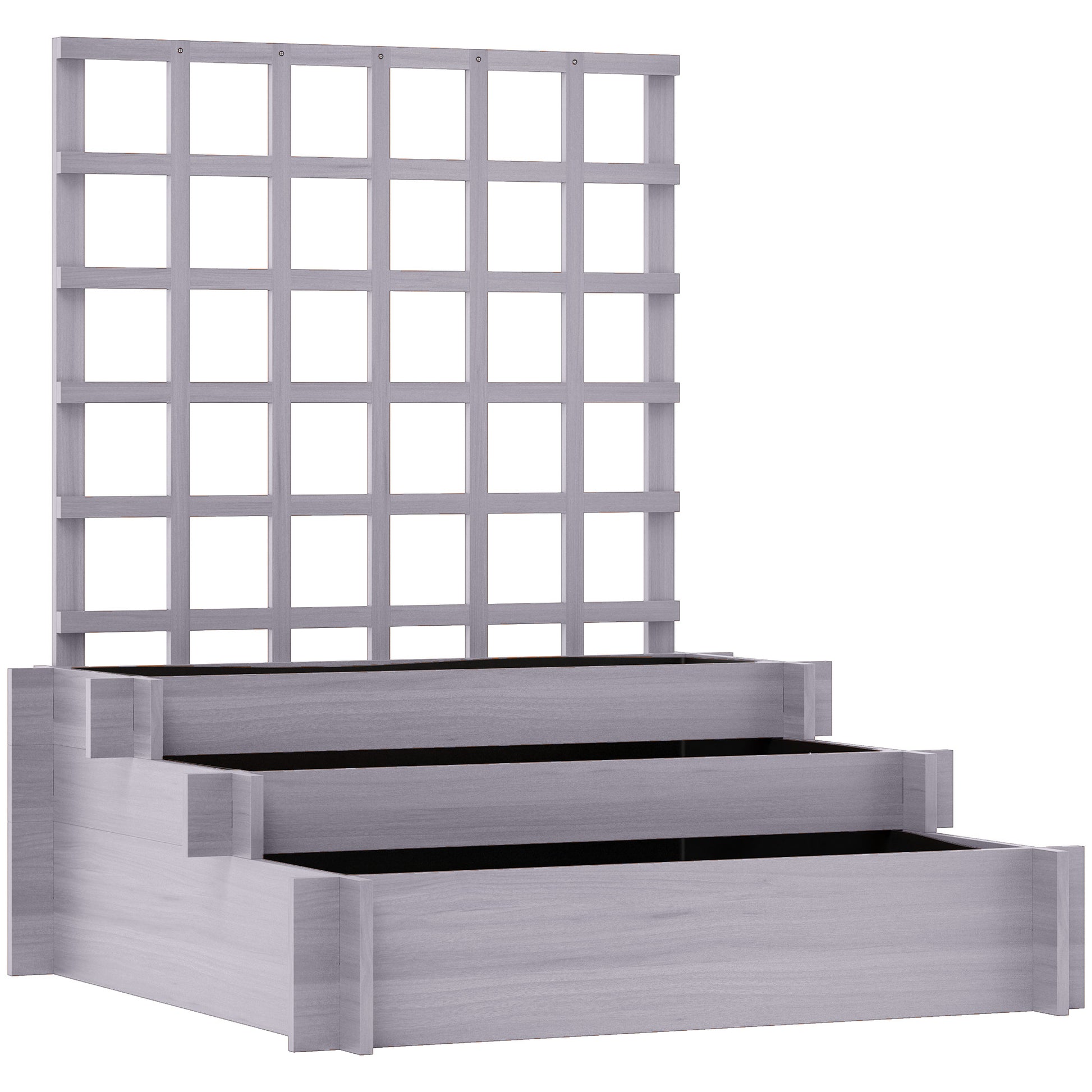 Photo of Outsunny 3 Tier Garden Planters with Trellis for Vine Climbing, Wooden Raised Beds, 95x95x110cm, Grey in Grey colour on a white background