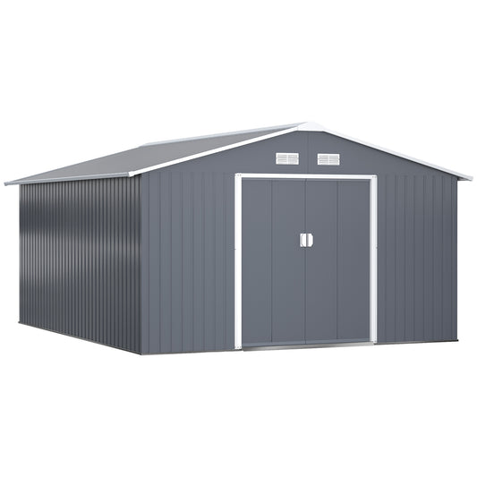 Photo of Outsunny 13 x 11ft Metal Garden Shed, Outdoor Storage Tool House with Ventilation Slots, Foundation Kit and Lockable Double Doors, Grey in Grey colour on a white background