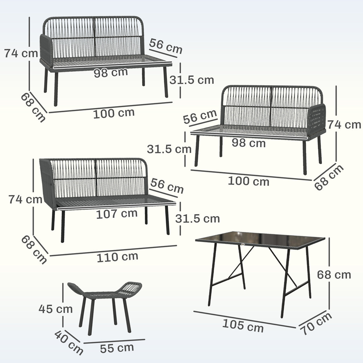 Outsunny 6 Piece Rattan Garden Furniture Set, 8 Seater Garden Corner Sofa with Cushions and Glass Top Table, Orange