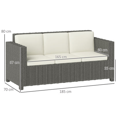 Three-seat rattan sofa with cream cushions and dimensions marked