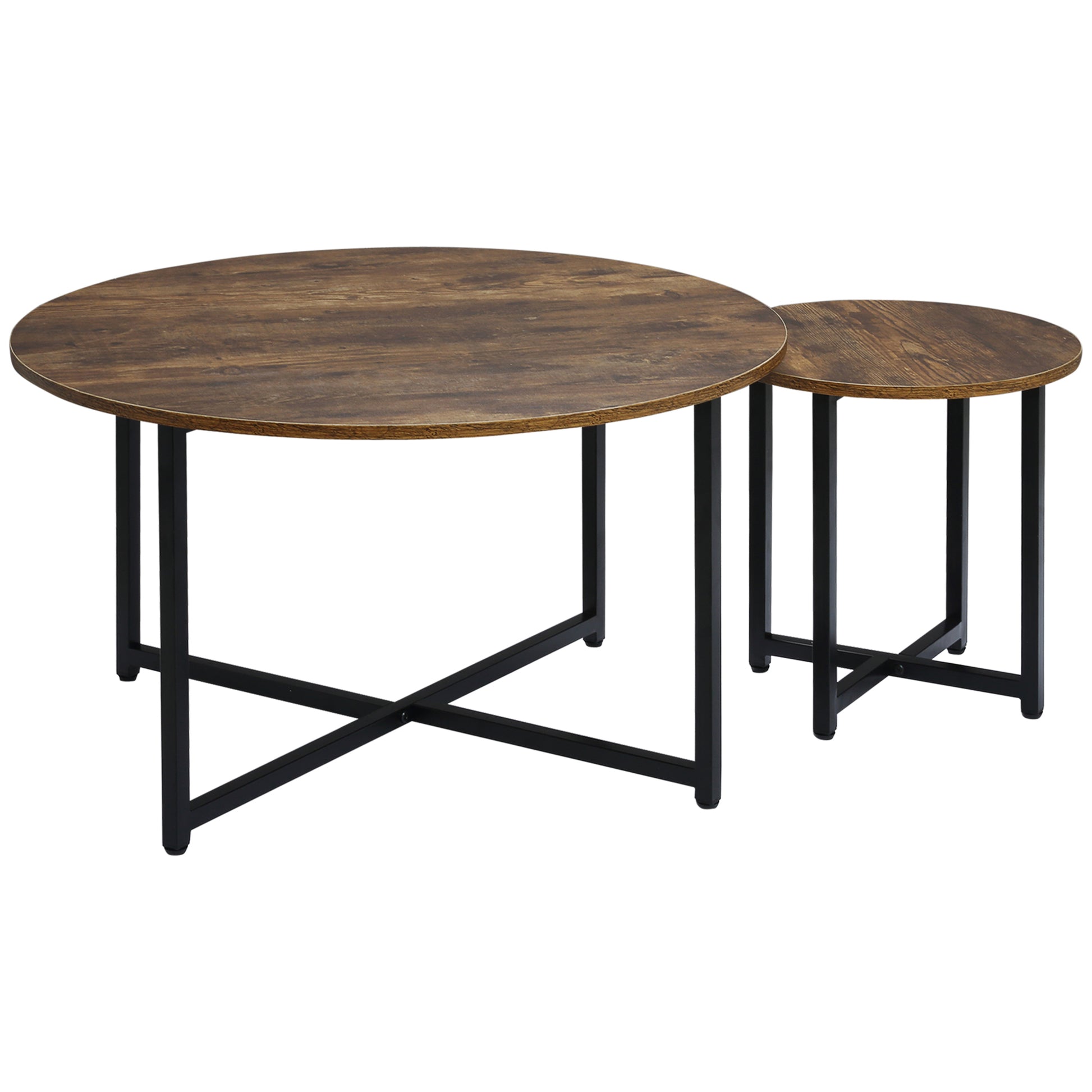 Photo of HOMCOM Round Coffee Table, Set of 2 Side Table with Metal Frame, Industrial End Table for Living Room Bedroom, Rustic Brown in Brown colour on a white background