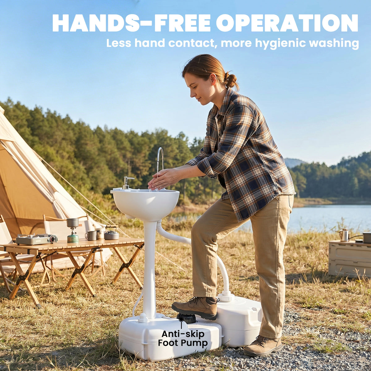 Outsunny camping sink with foot pump, operated hands-free while washing outdoors