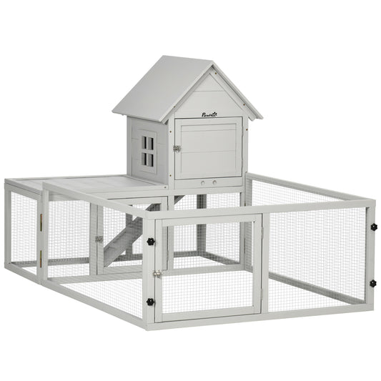 Photo of PawHut Indoor Rabbit Hutch, Guinea Pig Cage, with Slide-Out Tray, Large Fenced Area - Light Grey in Grey colour on a white background