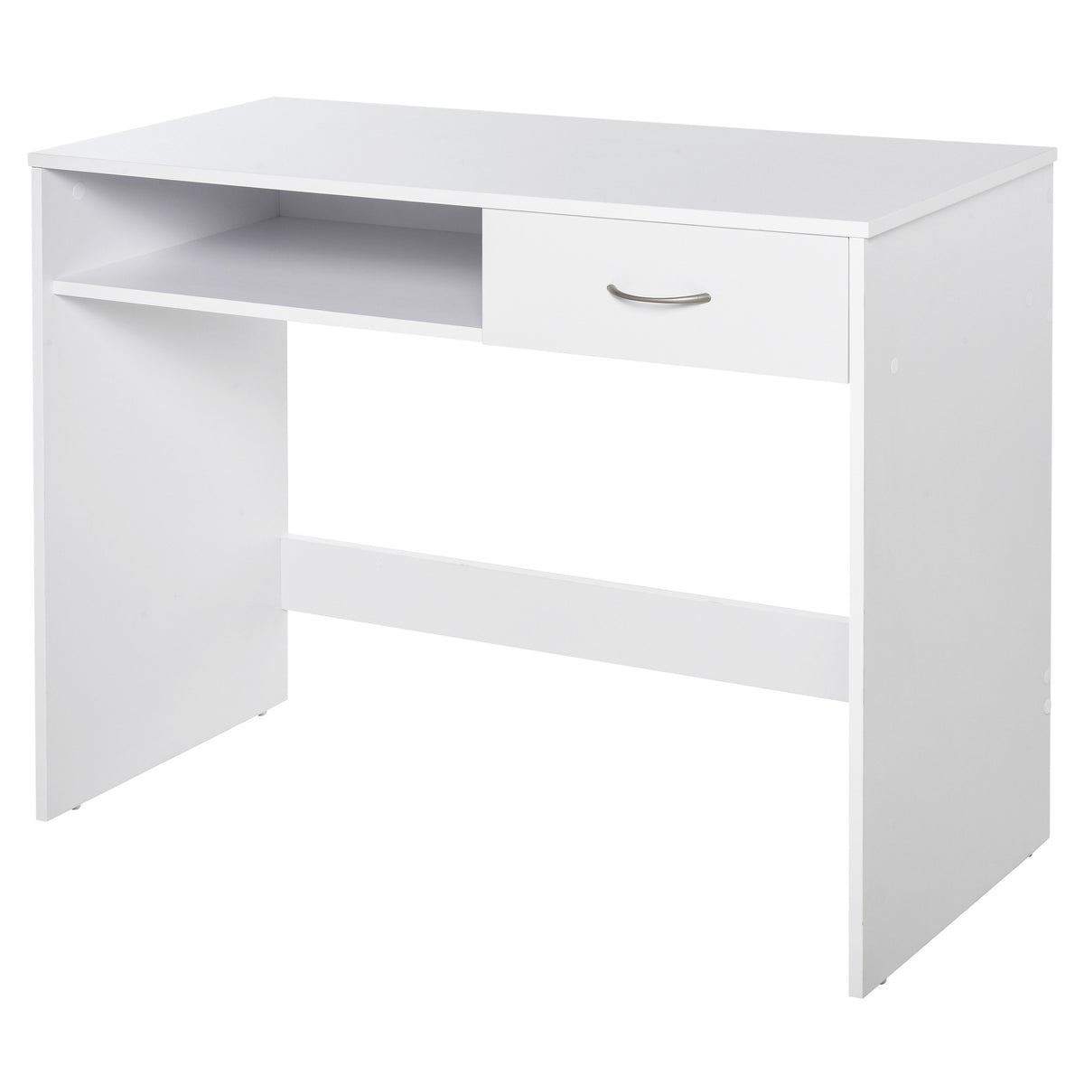White computer desk with an open shelf and a drawer with a metal handle.
