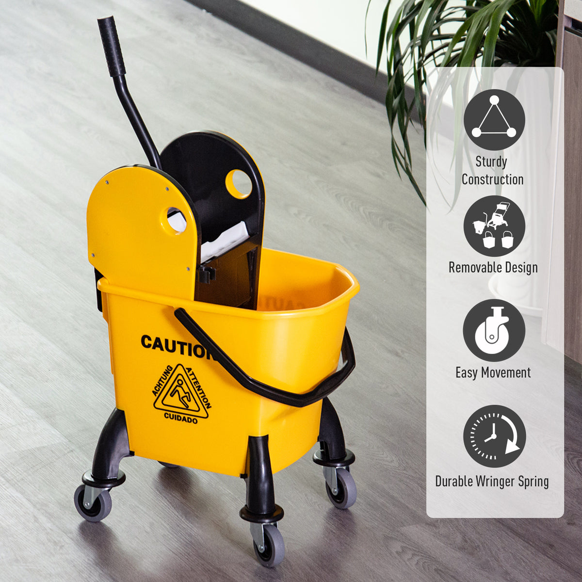 Yellow mop bucket with removable wringer, sturdy frame and four caster wheels.
