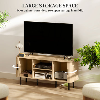 Oak-tone TV unit with side cupboards opened to reveal storage and two central shelves