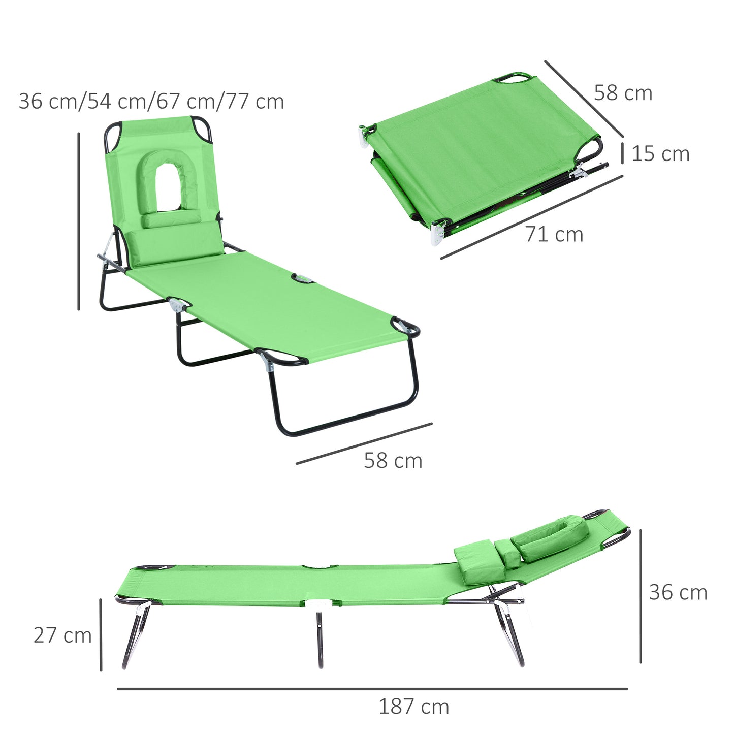 Outsunny Folding Sun Lounger with Face Hole, 4-Position Adjustable Backrest Garden Recliner Chair Sunbed, Outdoor Lounge Chair with 600 D Oxford Cloth Seat, Pillow for Beach, Green