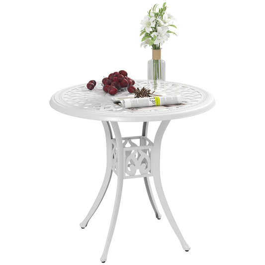 Photo of Outsunny 78 cm Round Garden Dining Table with Parasol Hole Antique Cast Aluminium Outdoor Table Only, White in White colour on a white background