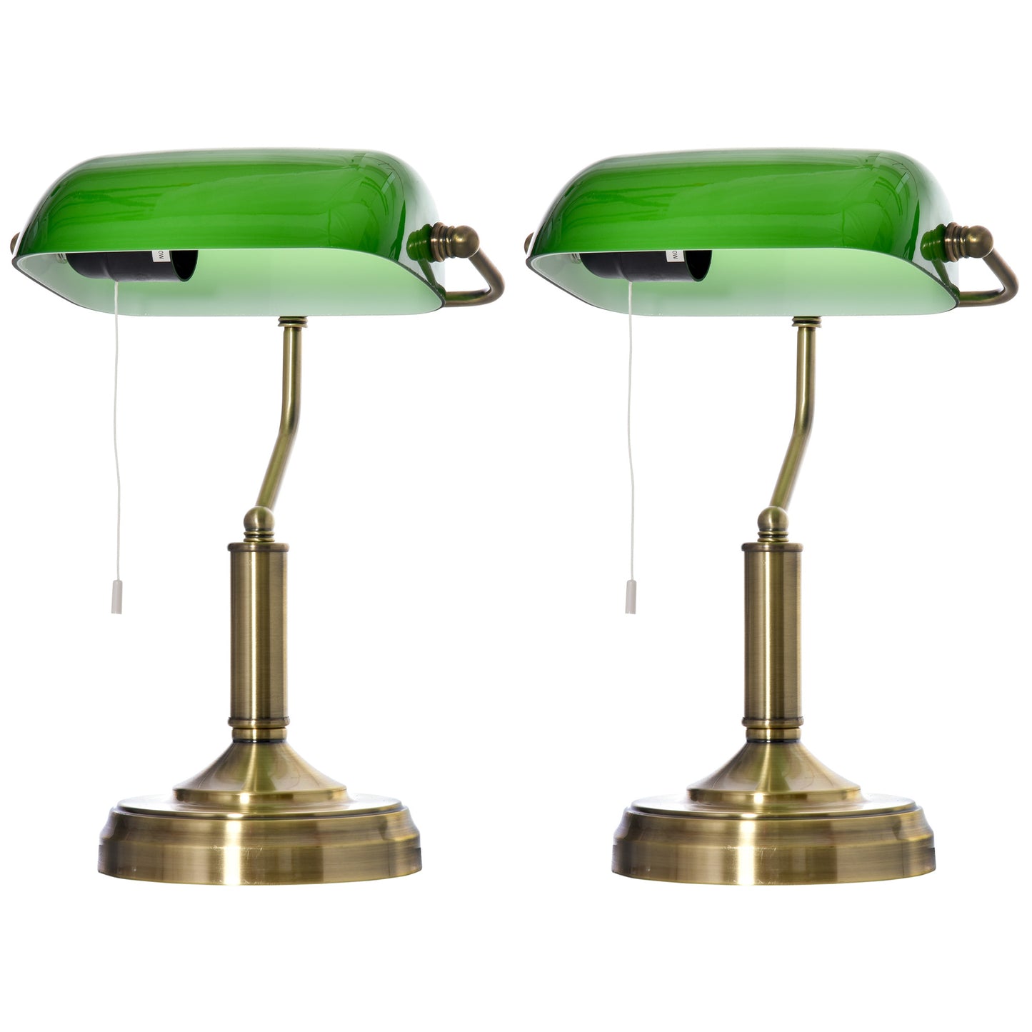 Photo of HOMCOM Banker's Table Lamps Set of 2, Desk Lamps with Antique Bronze Tone Base, Green Glass Shade and Pull Rope Switch for Home Office, Living Room, Bedroom, Dining Room, Green in Green colour on a white background