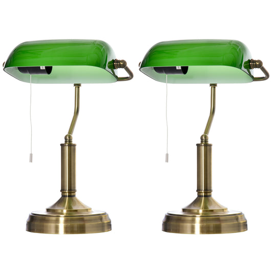 Photo of HOMCOM Banker's Table Lamps Set of 2, Desk Lamps with Antique Bronze Tone Base, Green Glass Shade and Pull Rope Switch for Home Office, Living Room, Bedroom, Dining Room, Green in Green colour on a white background