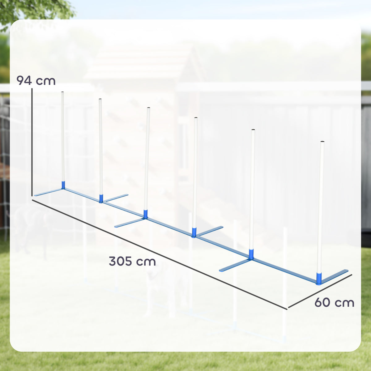 PawHut six-pole dog agility set with dimensions of 305 by 60 by 94 cm