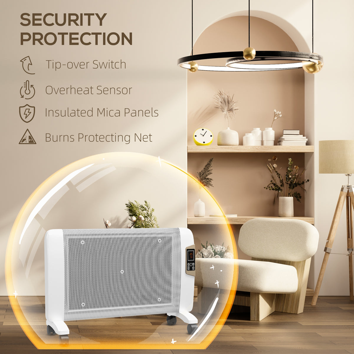 White mica space heater with protective mesh and caster wheels, shown with safety features