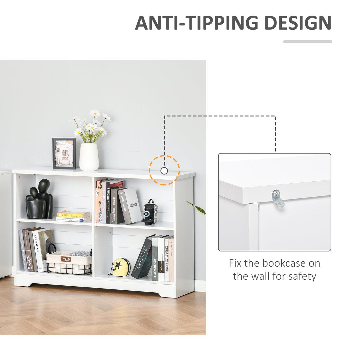 White bookcase with a wall-mounted anti-tip safety bracket