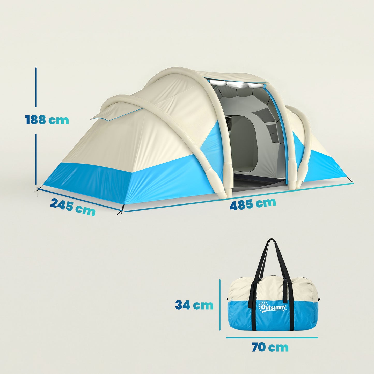 Outsunny Inflatable Tent 2 Bedroom Tunnel Design Windproof Air Tent with Carry Bag for 4 Person