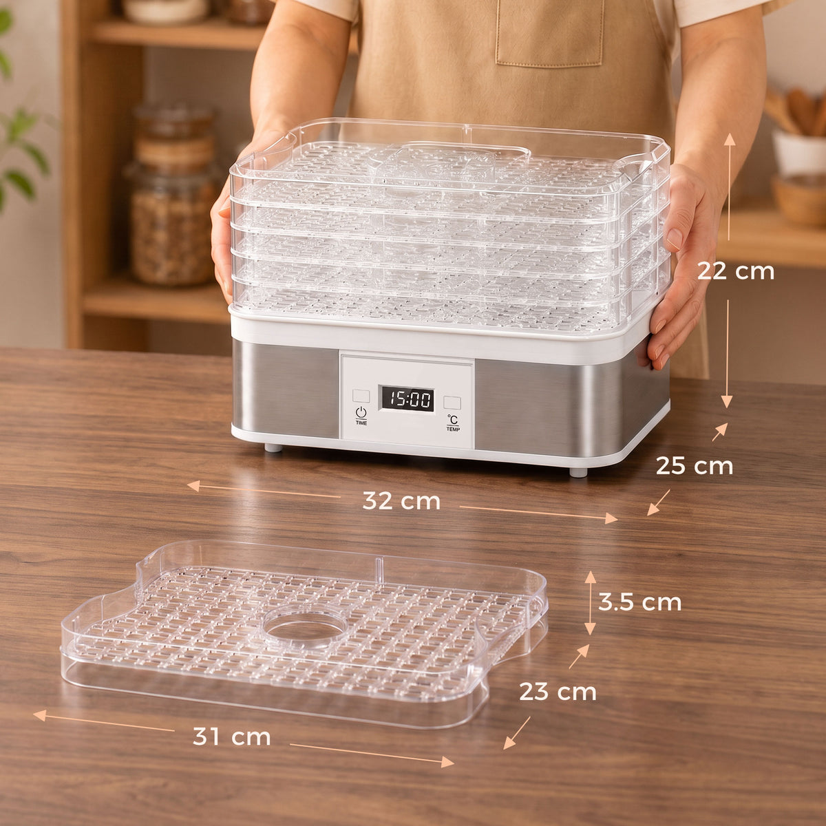 HOMCOM food dehydrator with removable clear tray and 32 x 25 x 22 cm dimensions