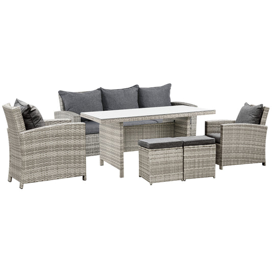 Photo of Outsunny 6-Piece Wicker Rattan Garden Set, Aluminium Patio Wicker Dining Sets with Glass Top Table & Soft Cushion, Light Grey in Grey colour on a white background