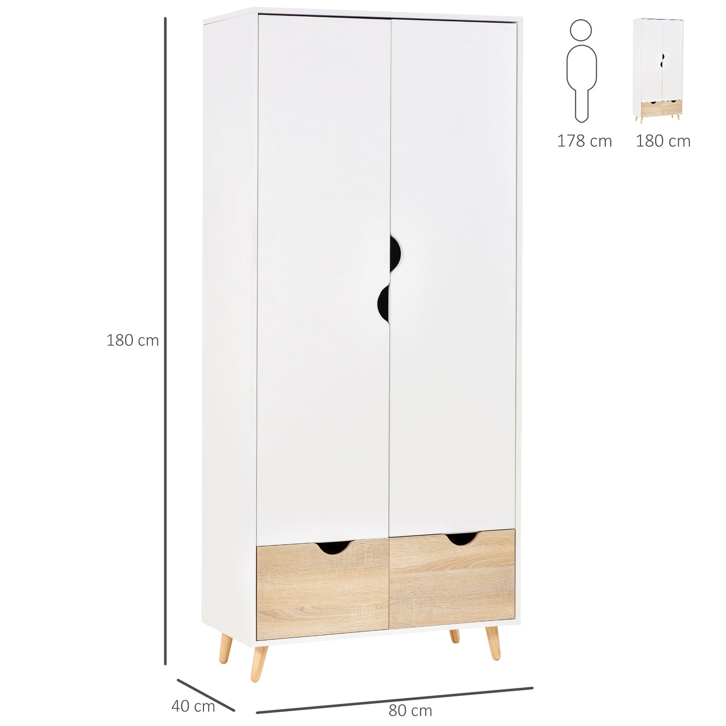 HOMCOM 2-Door Clothes Wardrobe w/ Rail Shelf 2 Drawers Wood Feet Elegant Home Storage Organisation Furniture, White