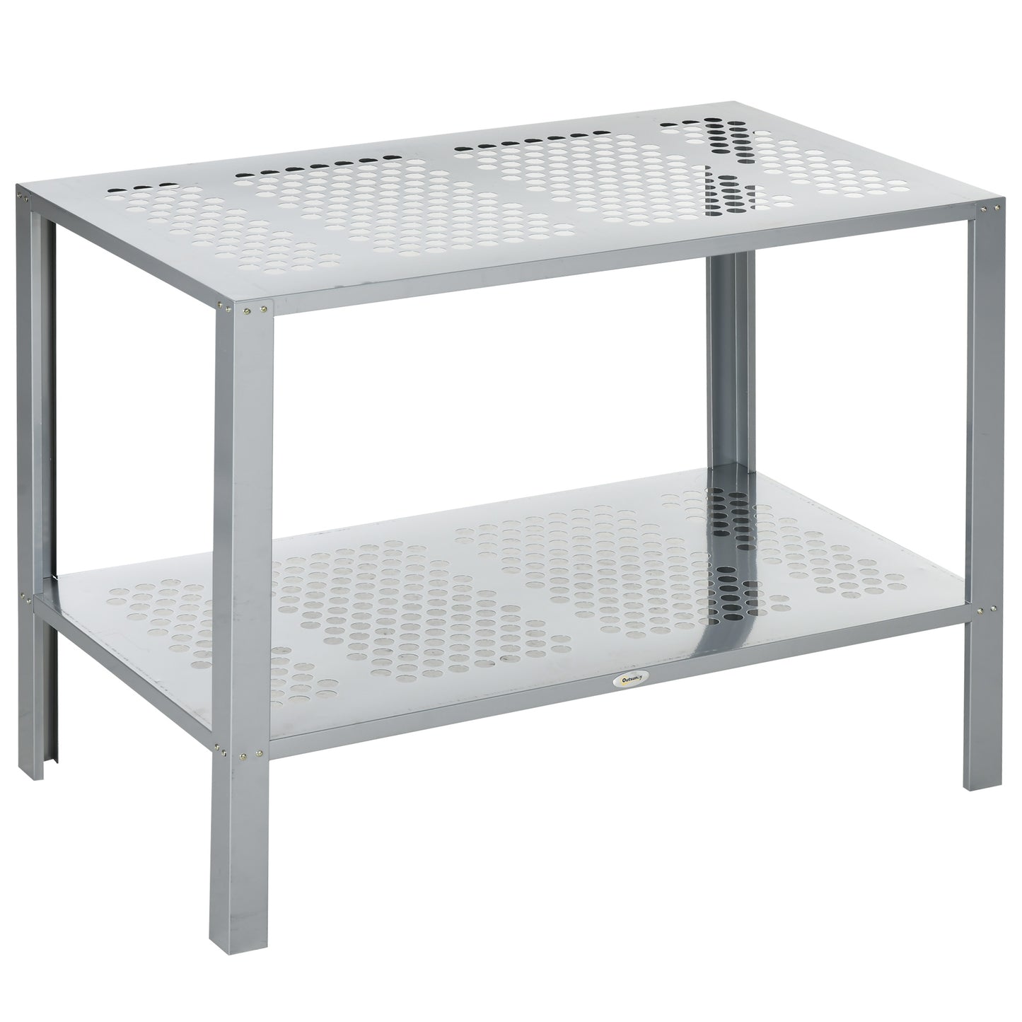 Photo of Outsunny 2-Tier Plant Stand, Corner Plant Shelf for Outdoor and Indoor Storage Organizer, Freestanding Flower Rack with Steel Frame, Mesh Board, Silver in Silver colour on a white background