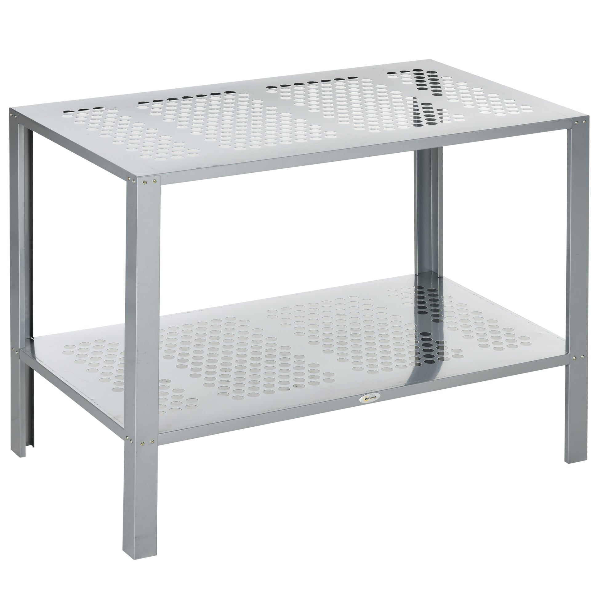 Photo of Outsunny 2-Tier Plant Stand, Corner Plant Shelf for Outdoor and Indoor Storage Organizer, Freestanding Flower Rack with Steel Frame, Mesh Board, Silver in Silver colour on a white background