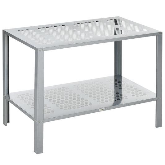 Photo of Outsunny 2-Tier Plant Stand, Corner Plant Shelf for Outdoor and Indoor Storage Organizer, Freestanding Flower Rack with Steel Frame, Mesh Board, Silver in Silver colour on a white background