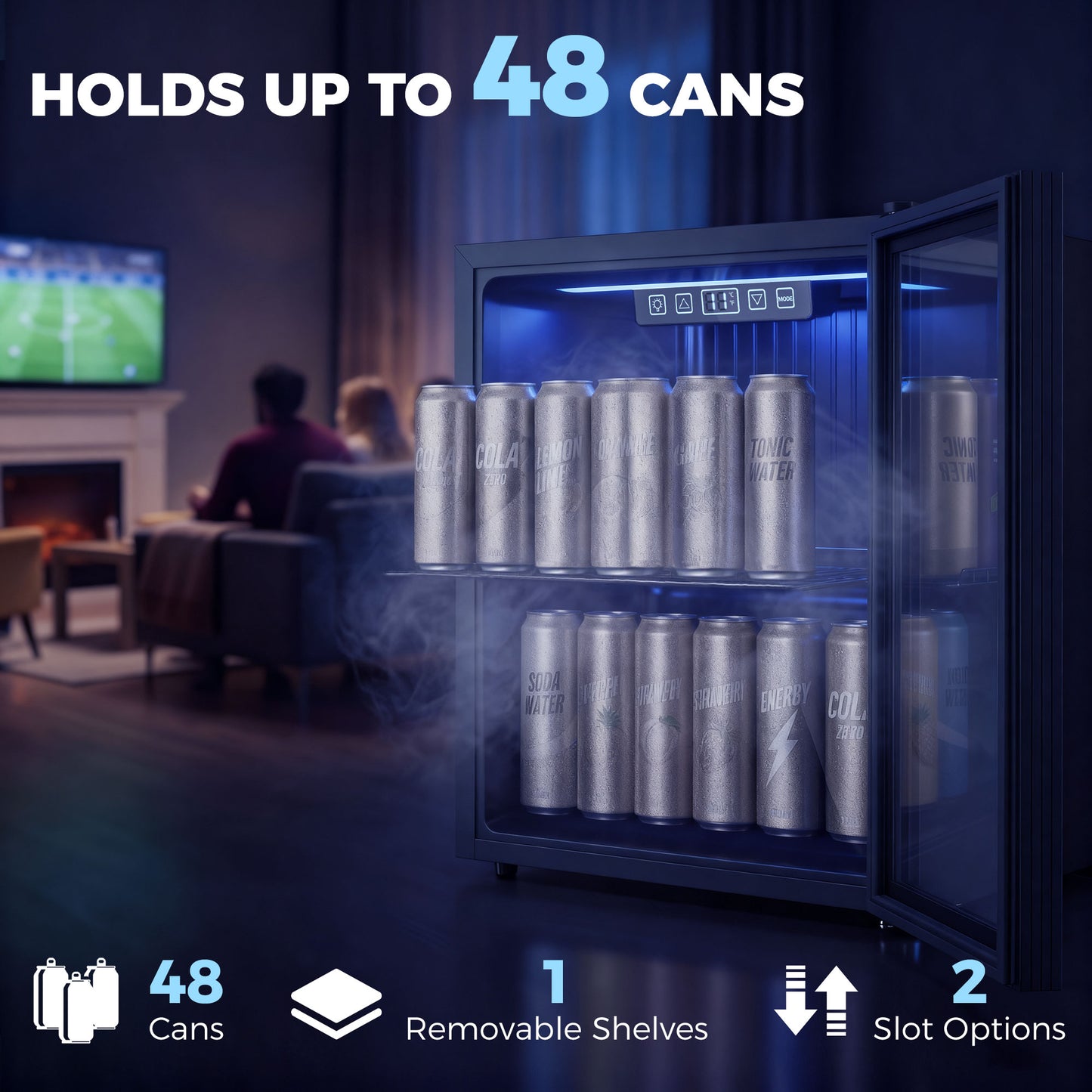 HOMCOM 50L Drinks Fridge, 48 Can Under Counter Freestanding Beer Fridge with LED Light