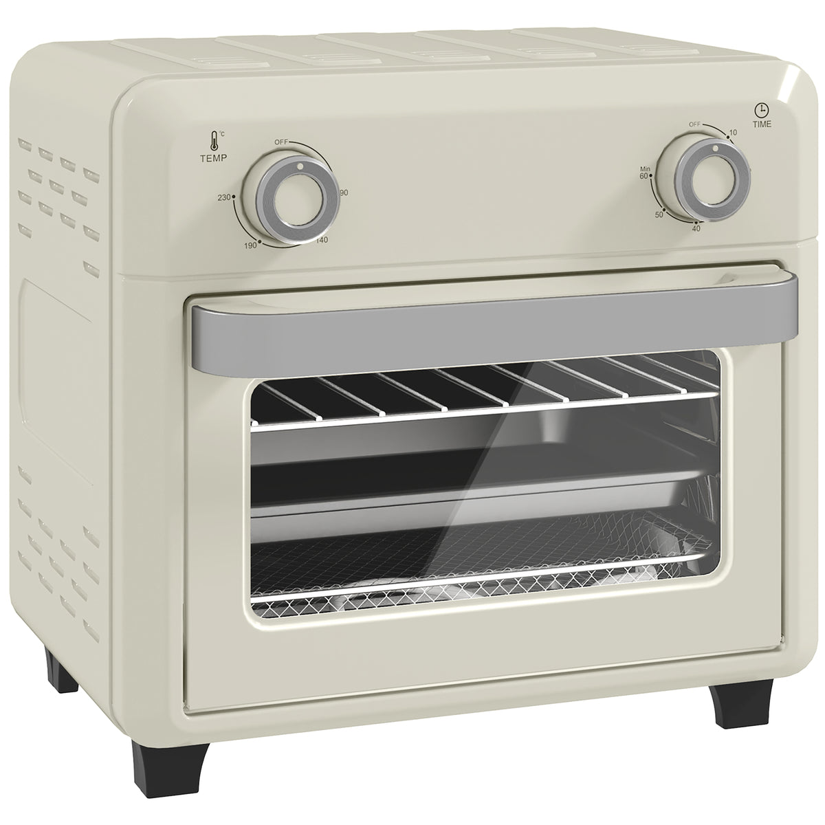 HOMCOM cream 10L air fryer oven with glass door, two control dials, wire rack and tray