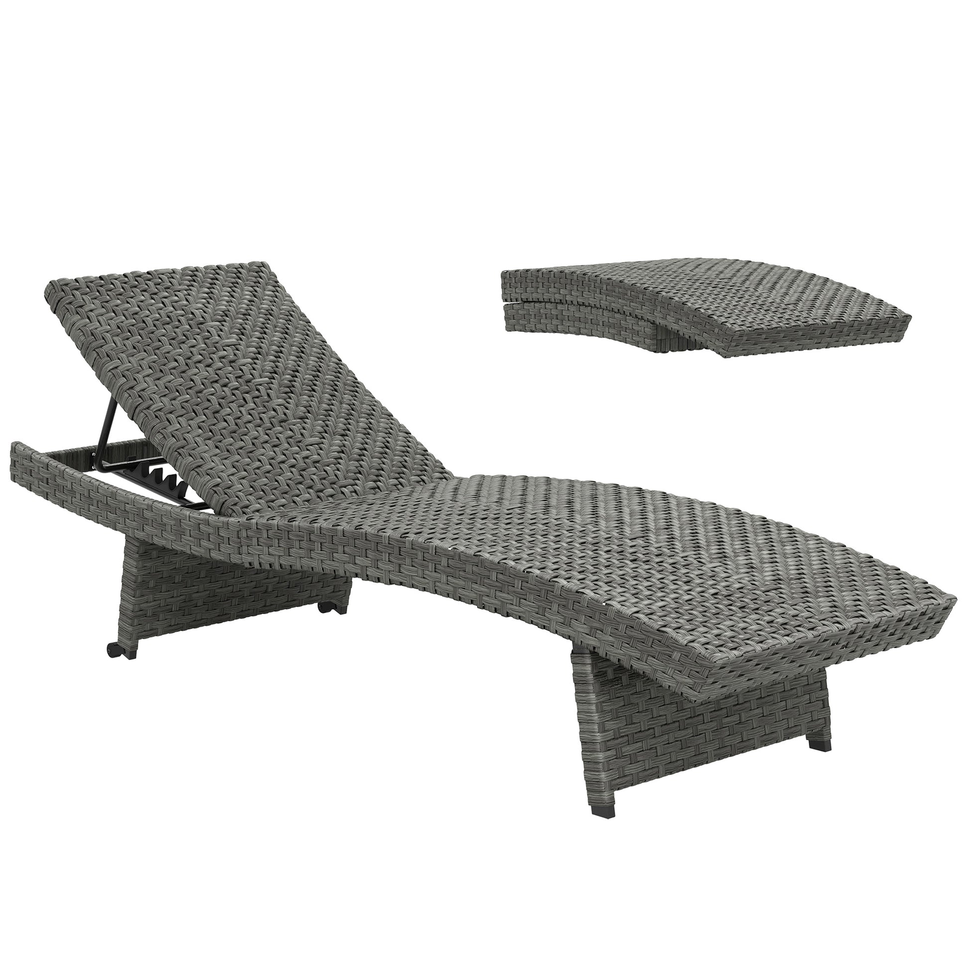 Photo of Outsunny Outdoor PE Rattan Sun Lounger, Folding Wicker Garden Lounger Recliner with 4-Level Adjustable Backrest, Rolling Sunbed Lounge Chair with Wheels, Non-Slip Legs for Balcony, Beach, Mixed-grey in Mixed-grey colour on a white background