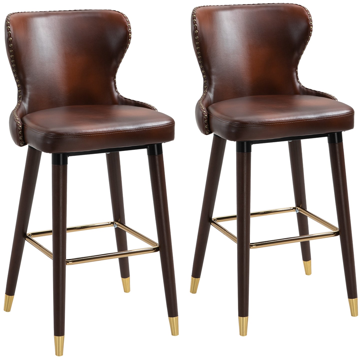 Photo of HOMCOM Bar Stools Set of 2, PU Leather Barstools with Back, Footrest and Wood Legs for Kitchen, Counter, Breakfast Bar, Brown in Brown colour on a white background