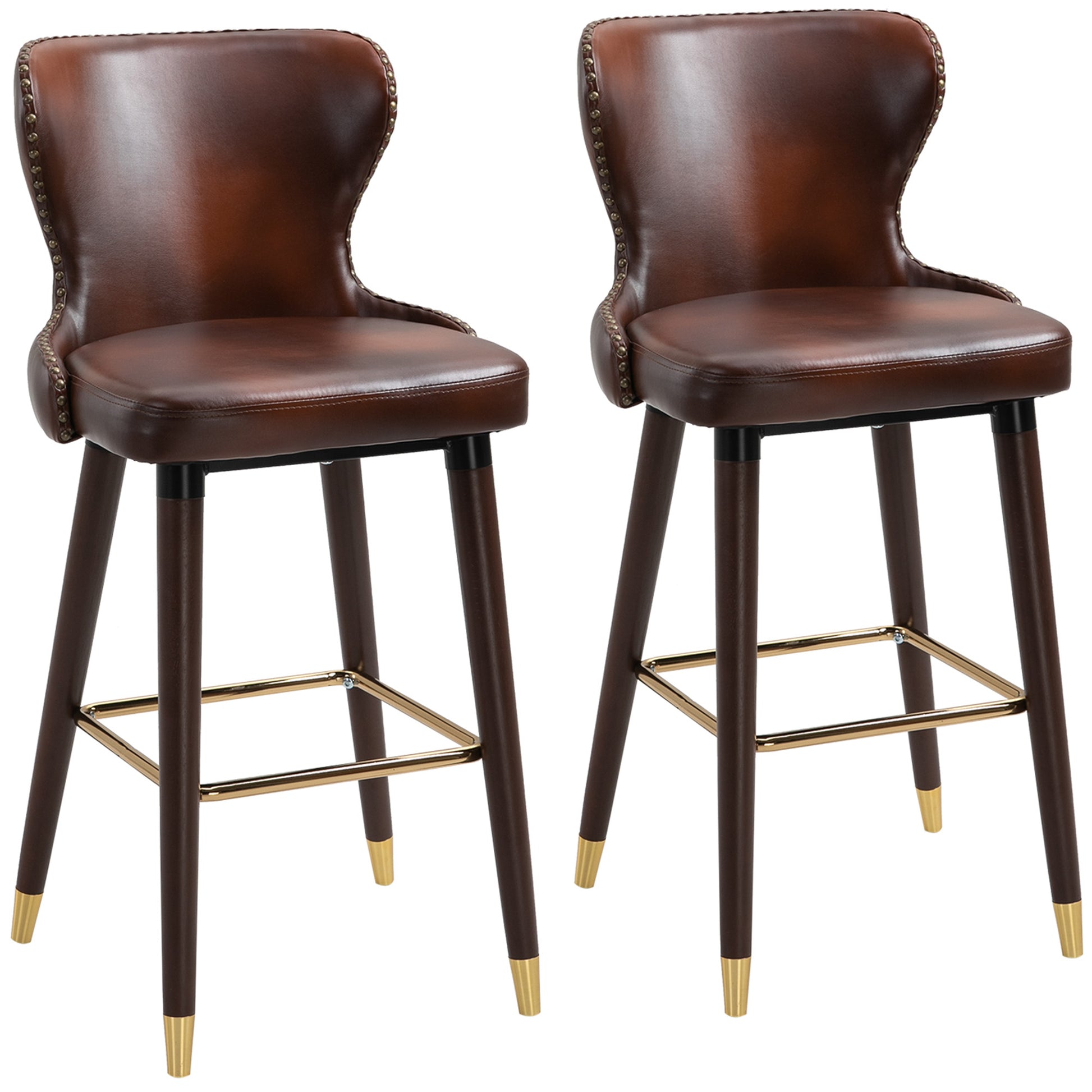Photo of HOMCOM Bar Stools Set of 2, PU Leather Barstools with Back, Footrest and Wood Legs for Kitchen, Counter, Breakfast Bar, Brown in Brown colour on a white background