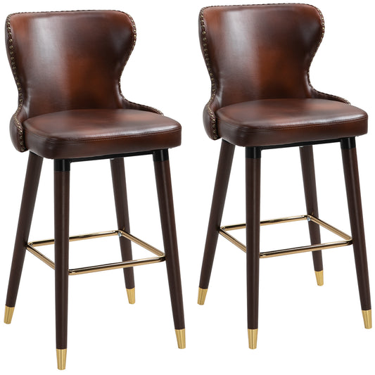Photo of HOMCOM Bar Stools Set of 2, PU Leather Barstools with Back, Footrest and Wood Legs for Kitchen, Counter, Breakfast Bar, Brown in Brown colour on a white background