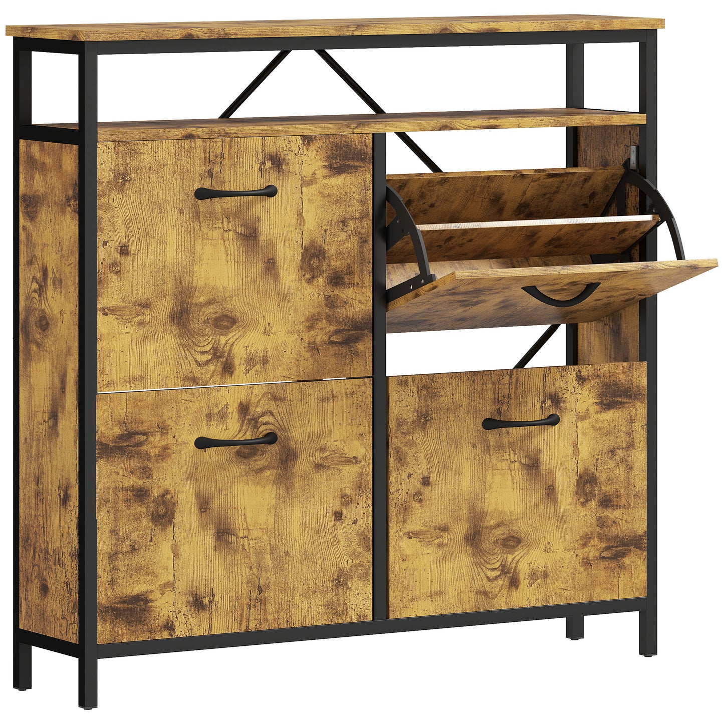 Photo of HOMCOM Shoe Storage Cabinet with 4 Flip Drawers and Open Shelf - Rustic Brown in Brown colour on a white background