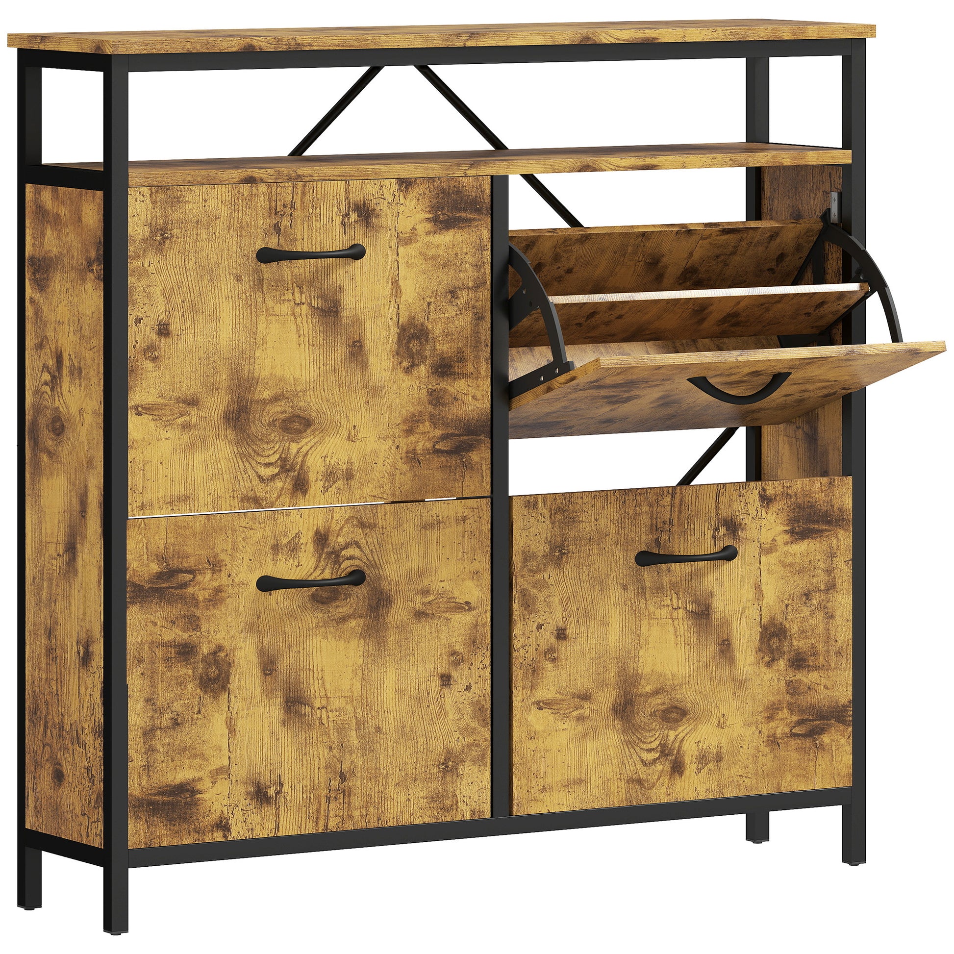 Photo of HOMCOM Shoe Storage Cabinet with 4 Flip Drawers and Open Shelf - Rustic Brown in Brown colour on a white background